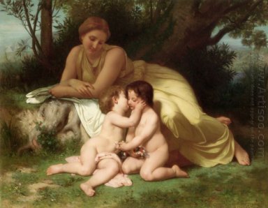 Giovane Donna Contemplando Due Abbracciare Bambini 1861