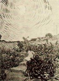 Sun Disk Ovanför en väg mellan Buskar 1890