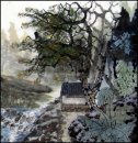 Gebouw, bomen, Rivier - Chinees schilderij