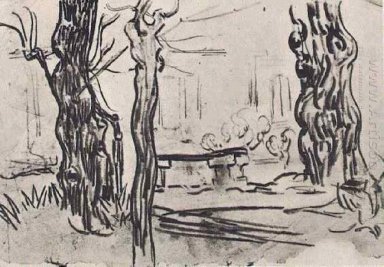 Jardim do asilo e troncos de árvore e uma pedra Bench 1889