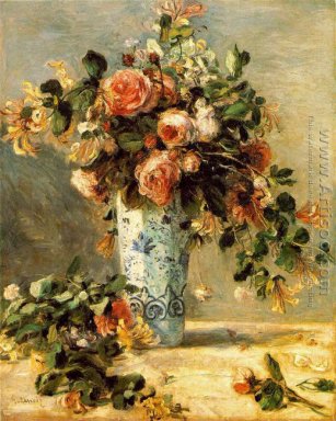 Rosas y jazmín en un florero de Delft