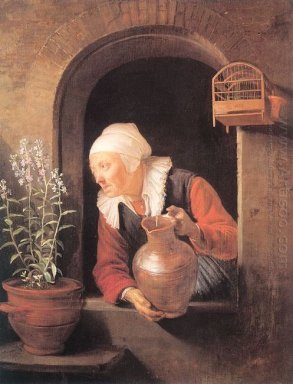 Antiguo Mujer regando flores