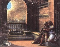Isaac en Rebecca bespioneerd door Abimelech
