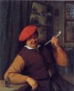 Un paysan dans un béret rouge de fumer une pipe