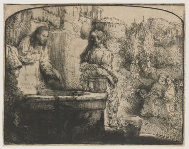 Kristus och kvinnan av Samaria en välvd Print 1658