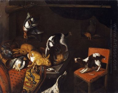 Nature morte avec des lièvres et des oiseaux morts, fauteuil, ch