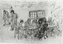 Feuille, avec deux groupes de paysans à un repas 1890
