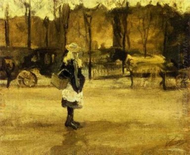 A Girl In The Street Two Coaches In The Background 1882