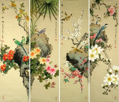 Oiseaux et fleurs - (quatre écrans) - Peinture chinoise