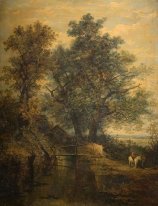 Una corriente, puente, árboles y dos figuras en un paisaje