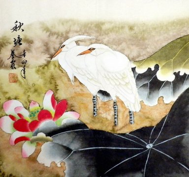 Crane & Lotus - peinture chinoise
