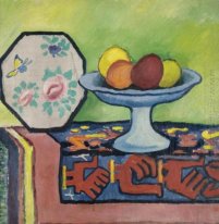 still life with bowl of apples and japanese fan