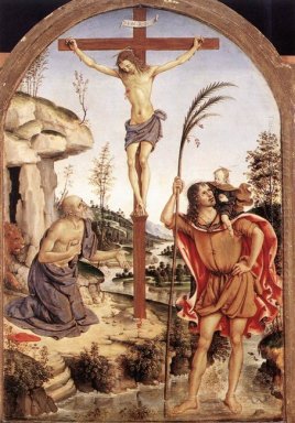 A crucificação com Sts. Jerome e Christopher