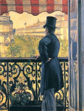 Mann auf einem Balkon Boulevard Haussmann 1880
