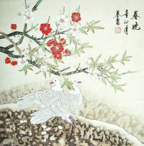 Peach & Burung - Lukisan Cina