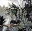 Construcción, árboles, río Pintura-Chino