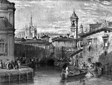 Escena del barco en Milán, dibujo de Leitch, grabado por T. High