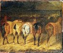Cinco caballos visto desde atrás con Croupes en un establo 1822