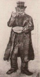 Homem órfão com chapéu alto comer de um prato 1882