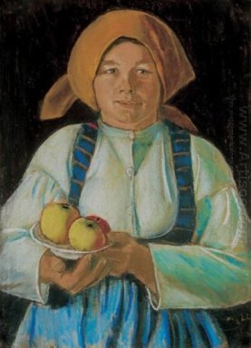 Unga hustru hålla äpplen
