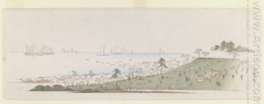 Cherry Blossom tempo as pessoas picknicking em Gotenyama 1843