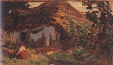 Farm-yard with Girl in Red Skirt