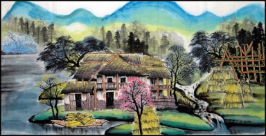 Bâtiment, arbres , peinture River- chinois