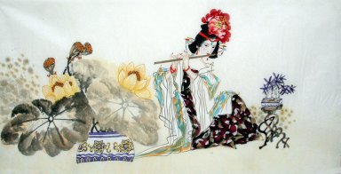Wanita Cantik, Flute - Lukisan Cina