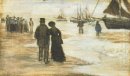 Plage avec des gens marchant et bateaux 1882