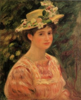 Mujer joven que llevaba un sombrero con las rosas salvajes