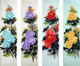Pioen(Vier Schermen) - Chinese Schilderkunst