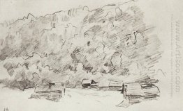Fallfärdiga Huts By The Forested Mountain 1890