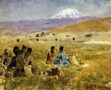 Persas almuerza en la hierba, el monte. Ararat en la distancia