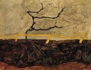 bare tree behind a fence 1912