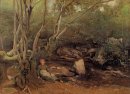 Lormes Pastorella seduta sotto gli alberi accanto a un ruscello