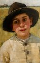 Étude d'un garçon dans un chapeau noir, devant un champ de maïs