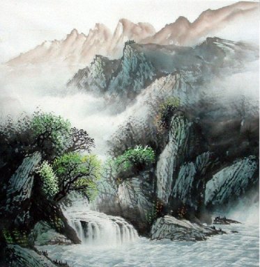 Cascade, Montagne, Village - peinture chinoise