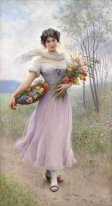 Ragazza in un vestito lilla-Coloured con bouquet di fiori