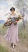 Fille dans une robe lilas colorés avec bouquet de fleurs