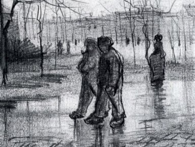 Un jardín público con la gente caminando en la lluvia 1886