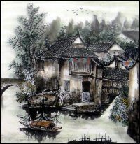 Building, Trees, River- Chinese Painting