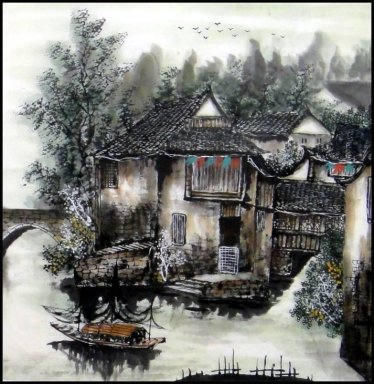 Construção, árvores, pintura chinesa River-