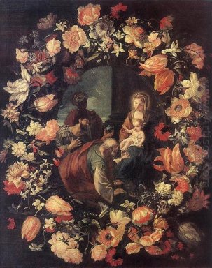Adoration des Mages dans une couronne de fleurs