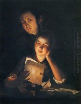 A Girl Reading A Letter By Candlelight With A Young Man Peering