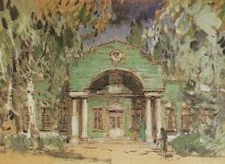 Den Larin S Garden skissar av Set För P Tchaikovsky S Opera 1908