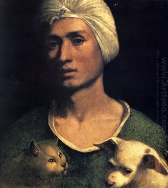 Retrato de un hombre joven con un perro y un gato