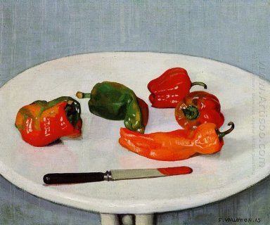 Stilleben med Red Peppers på en vit Lackad Tabell 1915