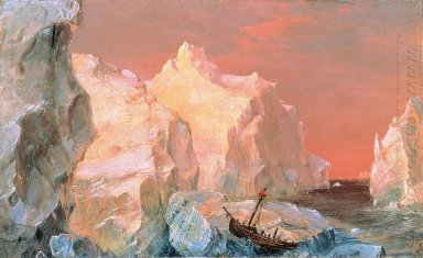 Icebergs y ruina en la puesta del sol