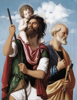 St Christopher med begynna Kristus och St Peter