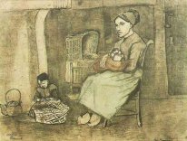 Moeder Aan De Wieg en Kind zittend op de vloer 1881